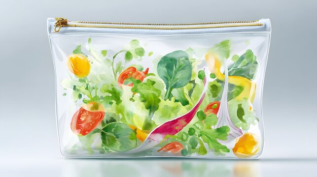 Fresh green salad illustration vibrant vegetables in a zip bag appetizing minimalistic food photography art