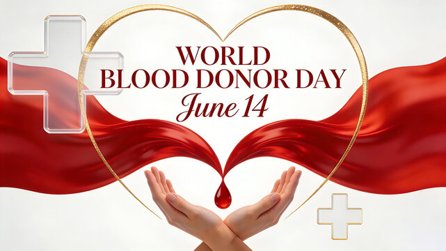 Holding blood droplets and golden silk ribbons with both hands, conveying the great love of blood donation, paying tribute to selfless dedication, and promoting World Blood Donor Day.
