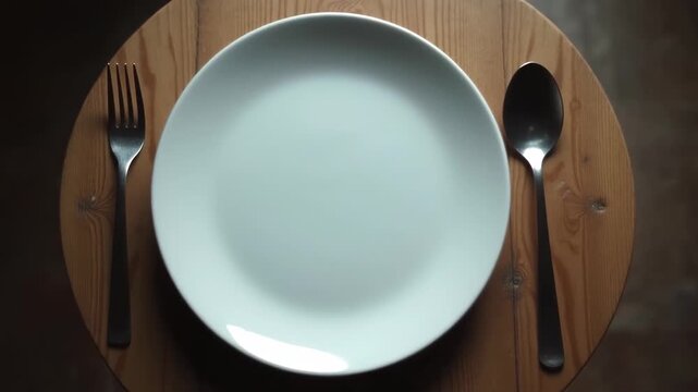 Empty white ceramic plate with fork and spoon on round wooden board, top view, concept of restaurant, diet, poverty, hunger