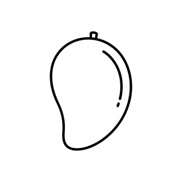 Simple black and white line art illustration of a ripe mango fruit.