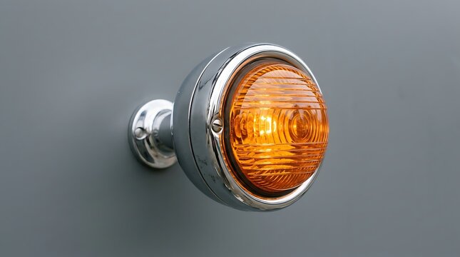 Classic round amber colored vehicle turn signal light mounted on chrome holder against neutral background
