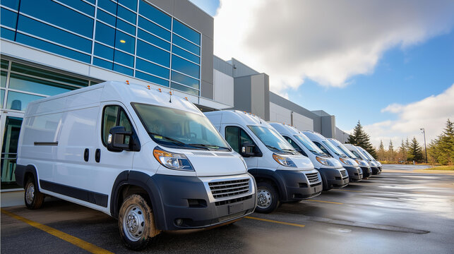 A fleet of delivery vans lined up outside a warehouse ready for morning transportation routes in an organized logistics depot