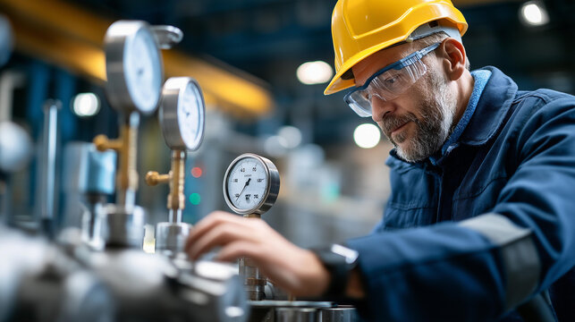 Safety engineers performing pressure gauge inspection in an advanced industrial chemical plant facility with PPE and teamwork