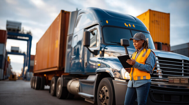 Truck driver loading cargo containers onto a semi trailer at a busy distribution center warehouse during daytime logistics and freight operations