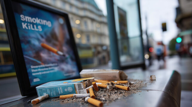 Discarded cigarette packs and ash littered beside a Smoking Kills public health poster in a stark warning about tobacco and anti-smoking harm