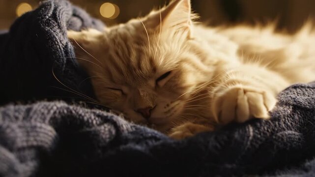 A ginger cat sleeping comfortably on a knitted blanket