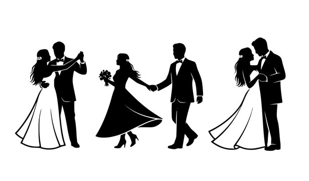 Minimal wedding couple dancing silhouettes banner bride groom love black vector illustration isolated on white