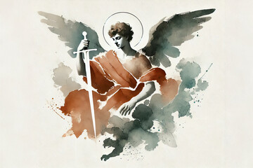 Fototapeta premium Saint Michael the Archangel with sword, minimalist watercolor illustration
