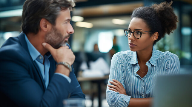 Tense standoff between manager and employee in office during a difficult workplace discussion conveying confrontation and disagreement