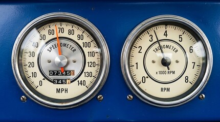 Naklejka premium Vintage vehicle speedometer and tachometer gauges showing mileage and revolutions per minute readings