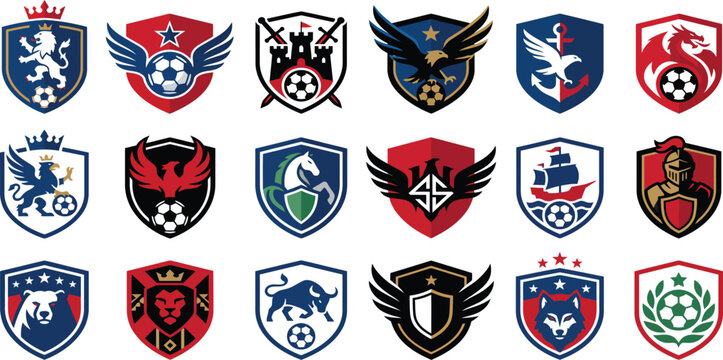 Diverse collection of colorful soccer emblems and crests featuring animals and mythical creatures.