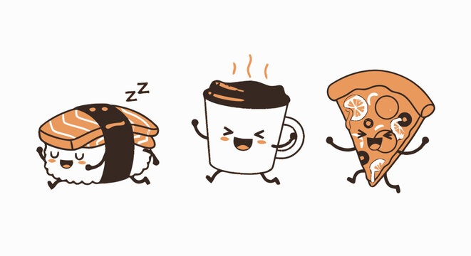 Cute Cartoon Sushi with Salmon, Coffee Cup, and Pizza Slice Running.