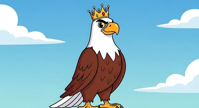 cartoon bald eagle wearing crown sunglasses.