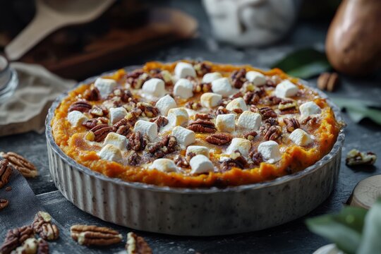 Delicious sweet potato pie topped with marshmallows and pecans, perfect for festive gatherings and dessert lovers.