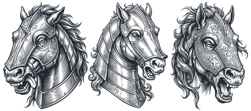 Vintage vector illustration set of three aggressive horse heads in armor and barding, detailed medieval war stallion portrait for heraldic or tattoo design.