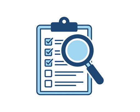 Checklist clipboard magnifying glass icon, survey inspection list