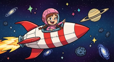 Fototapeta premium Cartoon girl flying in rocket spaceship.