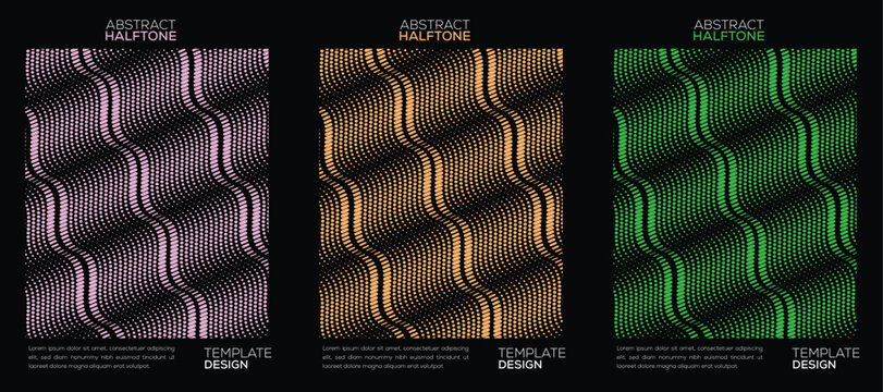 Abstract halftone wave pattern background set with purple, orange and green gradient dots