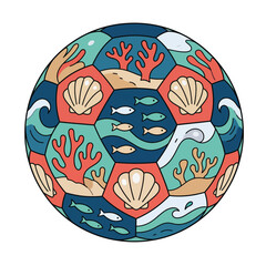 A vibrant soccer ball showcasing full of marine life, including colorful coral, shells, and floating fish, representing a blend of sports and environmental themes. © Miaochan