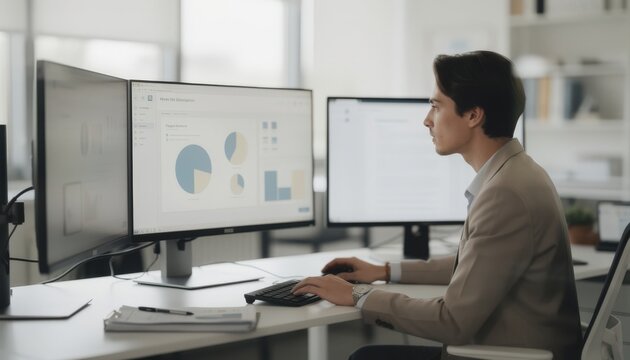 Focused medium shot of an underwriter scanning flagged alerts on a primary monitor with a secondary screen showing detailed document reading in soft blur.