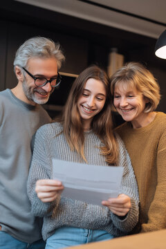 University Acceptance Letter read by proud teenage girl while standing with parents in warm modern kitchen