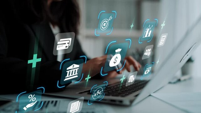 Business professional using laptop with financial icons and digital graphics for investment analysis, ecommerce, and online banking solutions in modern workspace Gluon.