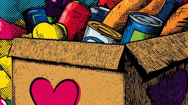 Pop Art Comic Illustration of a Cardboard Box Overflowing with Fast Food and Heart Symbols, Close-up of Comfort Food Donation and Love Delivery Concept, Retro Giving and Foodie Graphic Design