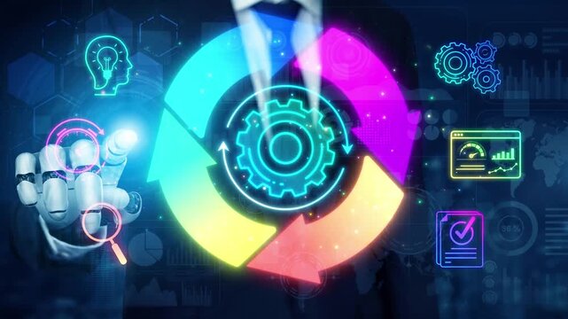 Abstract Digital Interface Depicting Circular Workflow with Colorful Gears, Data Visualizations, and Business Analytics Themes Highlighting Innovation and Technology Sigmoid