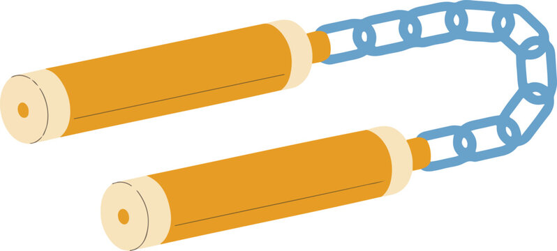 Minimalist vector illustration of wooden nunchaku with a blue chain link for martial arts, fitness, and self-defense concepts.