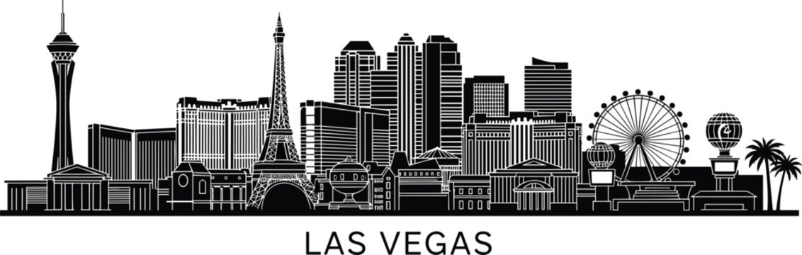 Las Vegas skyline silhouette featuring famous landmarks and cityscape isolated black vector illustration for travel tourism and urban design projects