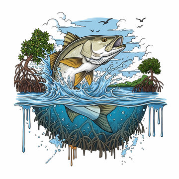 Snook fish jumping out of water with mangrove forest background vector illustration
