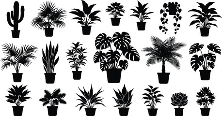 Obraz premium Potted plant silhouettes collection featuring indoor tropical houseplants and cactus isolated black vector illustration set for home decor and botanical design use