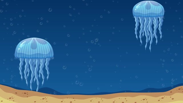 Jellyfish life cycle animation showing the process of reproduction and development from adult jellyfish to ephyra larva in ocean environment.