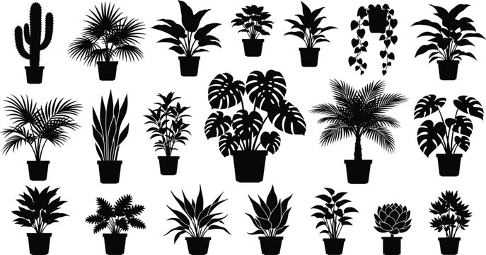 Potted plant silhouettes collection featuring indoor tropical houseplants and cactus isolated black vector illustration set for home decor and botanical design use