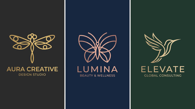 This image showcases three distinct logos designed for different businesses including a creative design studio and a wellness brand, emphasizing elegance and simplicity.