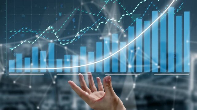 An abstract digital image featuring a hand reaching towards a growing bar graph, symbolizing financial success and data analysis in a technologically advanced setting. Copula