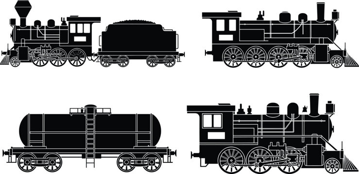 Vintage steam train silhouettes collection with locomotives and tanker wagon, detailed railway vector illustration isolated on white background for design