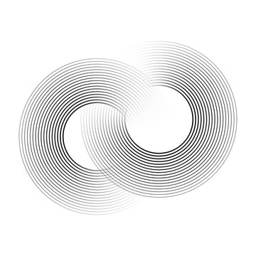 Abstract Interlocking Circles Geometric Vector Art, Minimalist Infinity Loop Concentric Line Illustration, vModern Black and White Circular Graphic Element, Dynamic Swirling Halftone Ring Pattern Desi