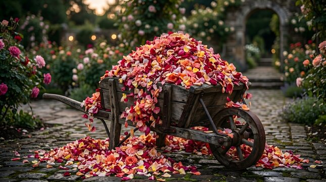 An old wooden wheelbarrow brimming with a cascade of colorful rose petals serves as a vivid metaphor for the transient nature of luxury and the overwhelming bounty of a summer in full bloom