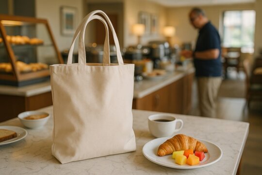 Breakfast scene with tote bag.