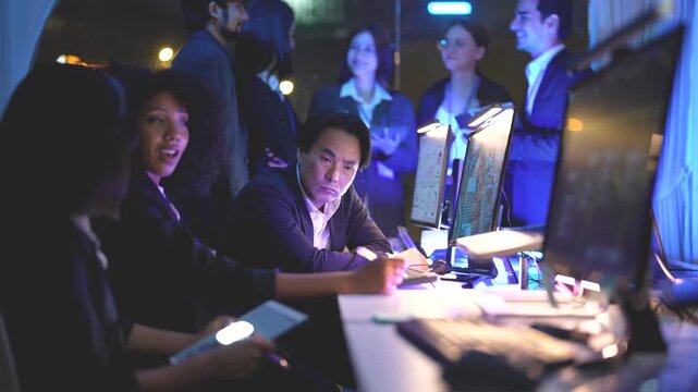 Data analyst specialist optimizing cloud infrastructure inside a sophisticated dark workspace hub with immersive neon blue monitor glow and professional cinematic lighting effects during night...