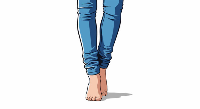 Person's legs in blue jeans with bare feet walking forward
