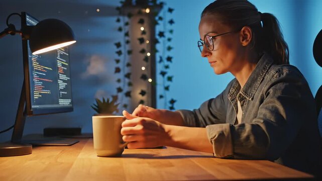 Woman programmer writes code at computer desk. Developer works with programming on monitor screen. Woman coding at workstation. Programmer develops software at computer. Developer woman at desk.