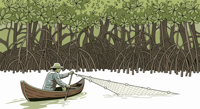 Person in a small boat fishes in a river with mangrove trees