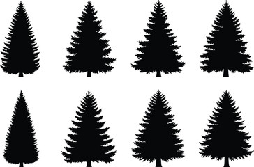 Obraz premium Fir tree silhouettes collection vector, evergreen pine forest set, black conifer trees isolated on white background illustration design