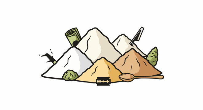 Piles of powders and money with drug paraphernalia