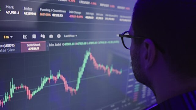 Male investor broker in glasses analyzing indexes. Slow motion