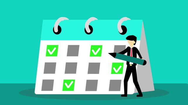 A businessman character uses a large pencil to mark tasks as complete with green checkmarks on a desktop calendar.