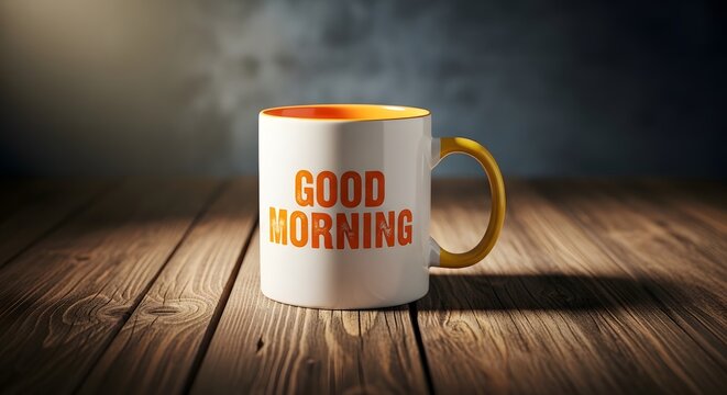 Closeup of a white ceramic mug with the words good morning printed in orange on a rustic wooden table surface