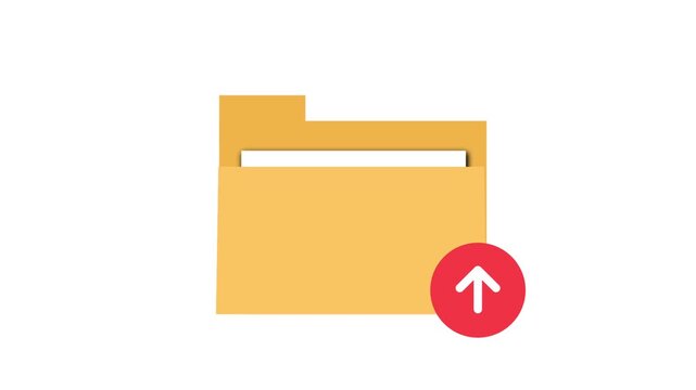 A yellow office folder with documents and a red upload arrow icon isolated on a white background.